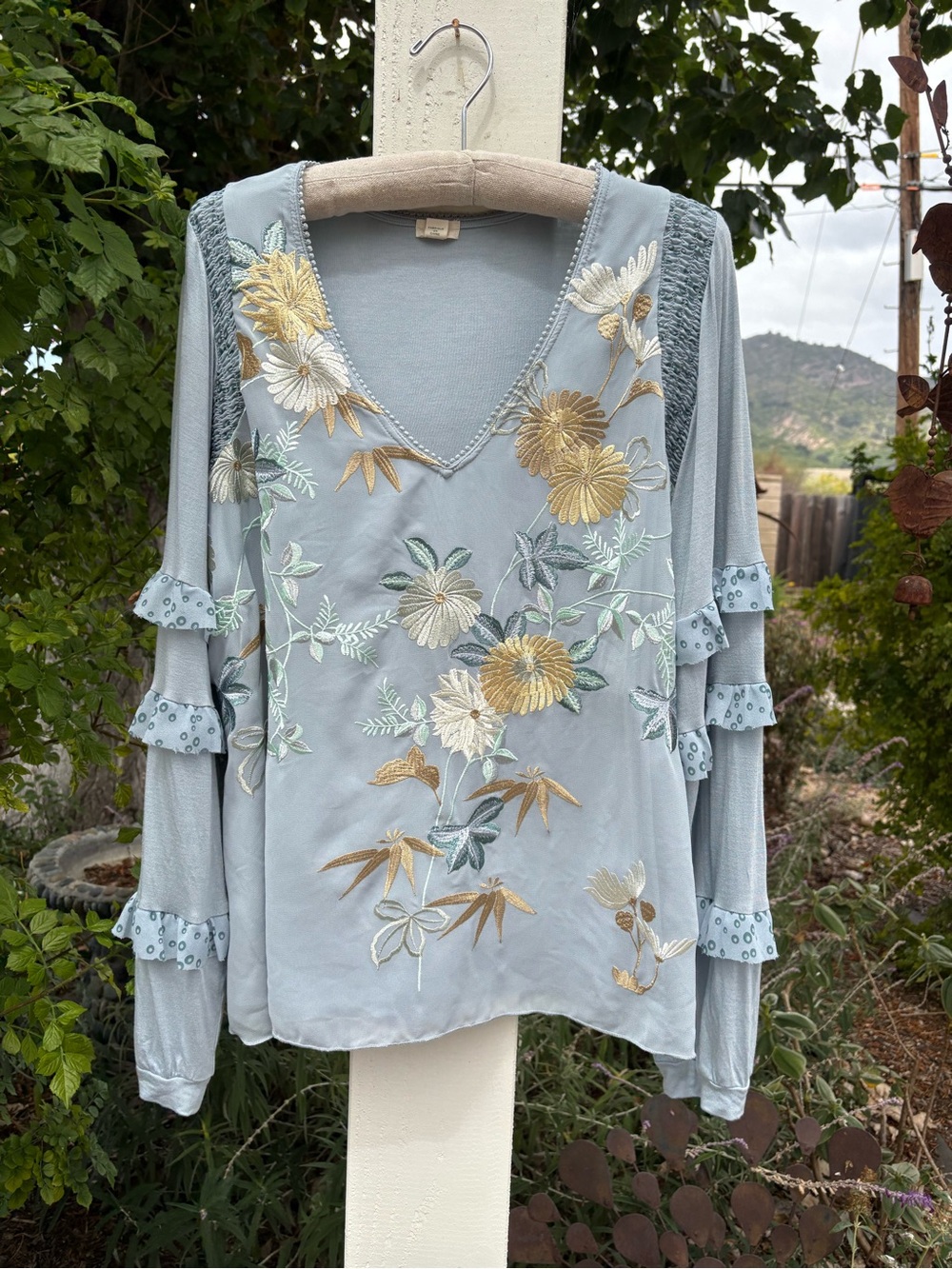 Embroidered V-Neck Floral Blouse in Light Blue